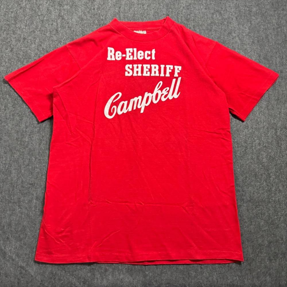 VTG 90s Oneita Power-T Re-Elect Sheriff Campbell T-Shirt Red XL Made in USA